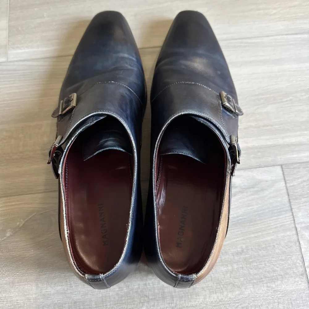 Magnanni Men's Ondara Double-Monk Two-Tone Brown Navy Leather Shoes Sz 12 Spain